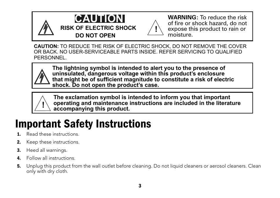 Important safety instructions, Caution | Radio Shack Projection 12-591 User Manual | Page 3 / 20
