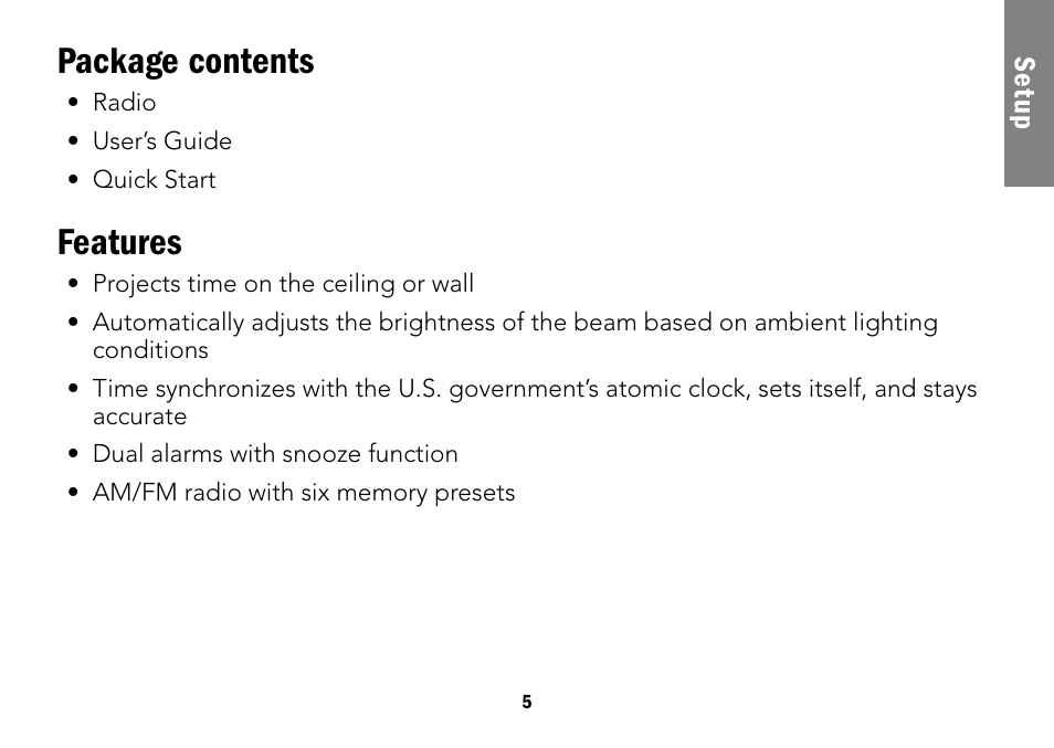 Package contents, Features | Radio Shack Projection 12-591 User Manual | Page 5 / 20