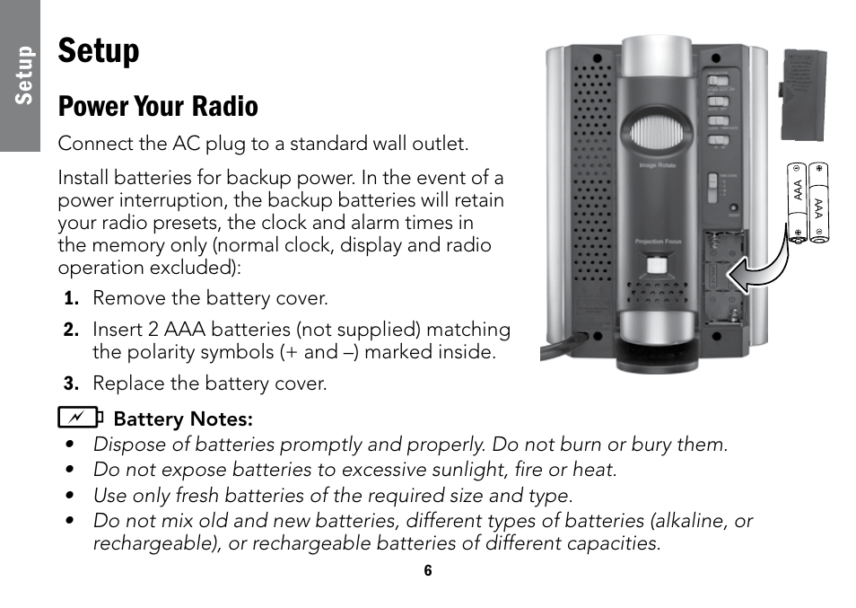 Setup, Power your radio, Se tu p | Radio Shack Projection 12-591 User Manual | Page 6 / 20