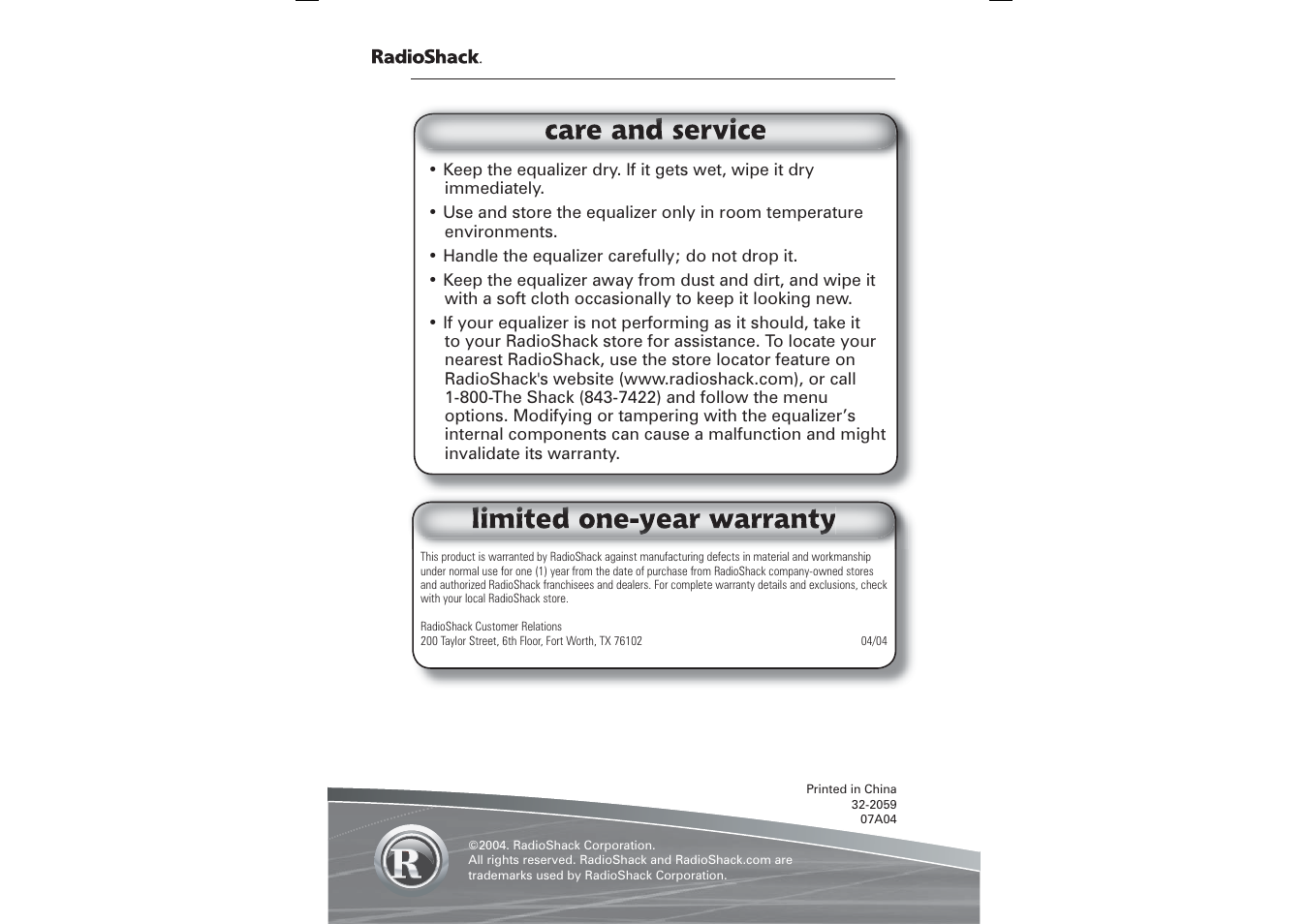 Radio Shack 32-2059 User Manual | Page 11 / 11