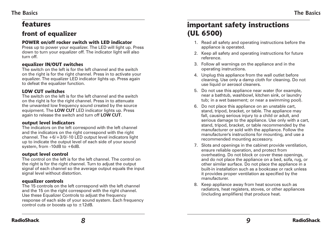 Important safety instructions (ul 6500), Features, Front of equalizer | Radio Shack 32-2059 User Manual | Page 5 / 11