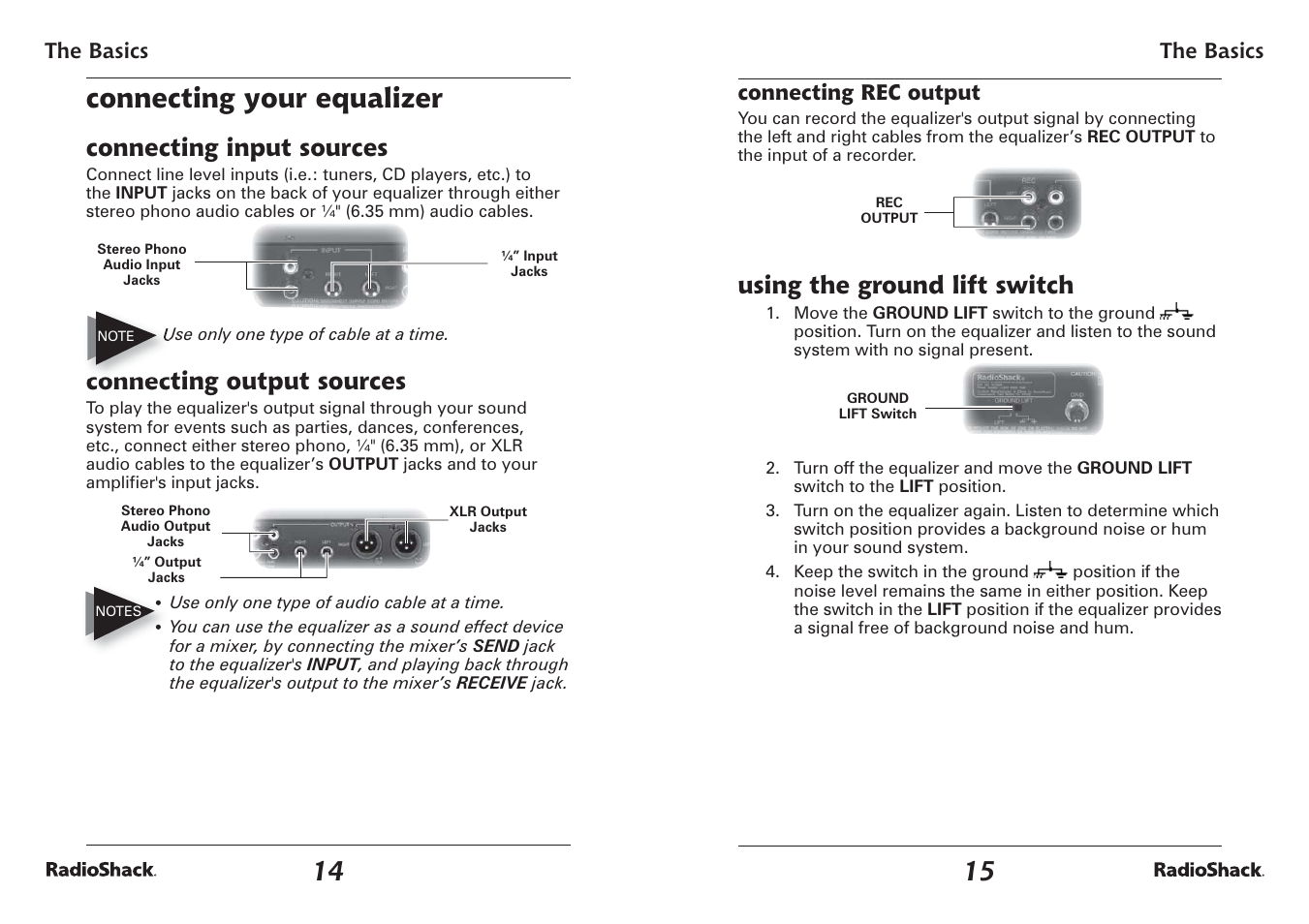 Connecting your equalizer, Connecting input sources, Connecting output sources | Using the ground lift switch | Radio Shack 32-2059 User Manual | Page 8 / 11