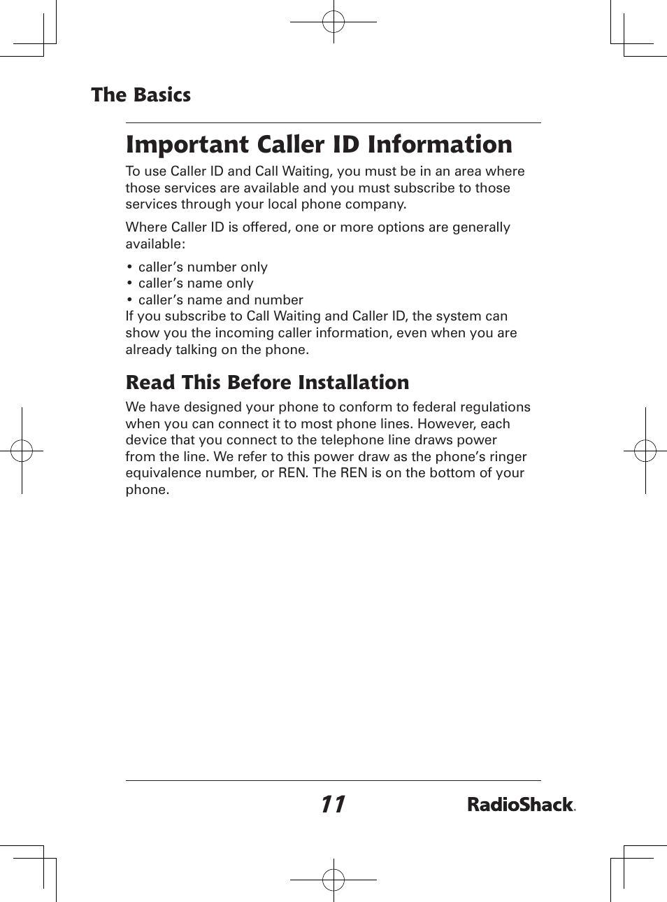 Important caller id information, The basics, Read this before installation | Radio Shack 43-142 User Manual | Page 11 / 88