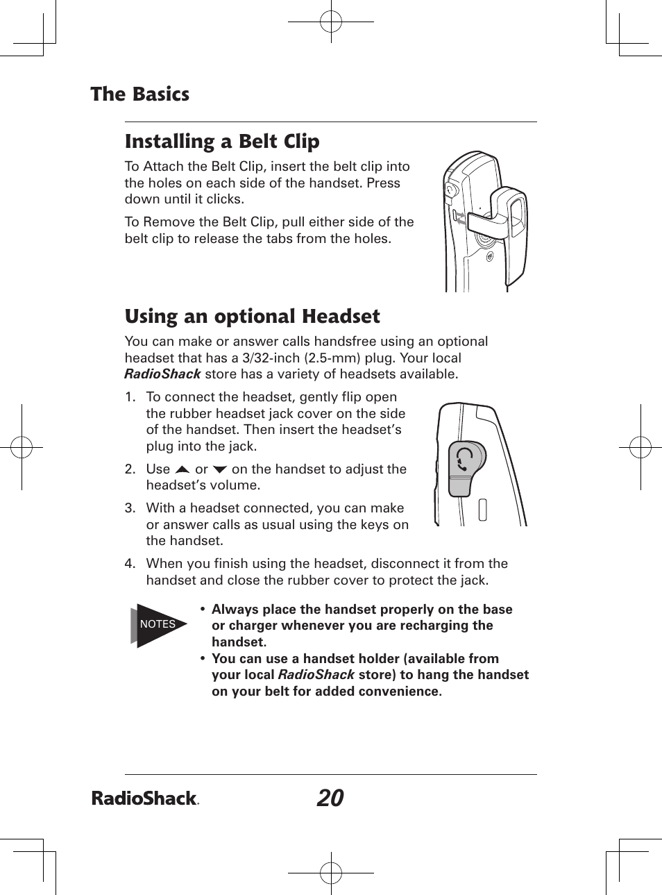 The basics, Installing a belt clip, Using an optional headset | Radio Shack 43-142 User Manual | Page 20 / 88