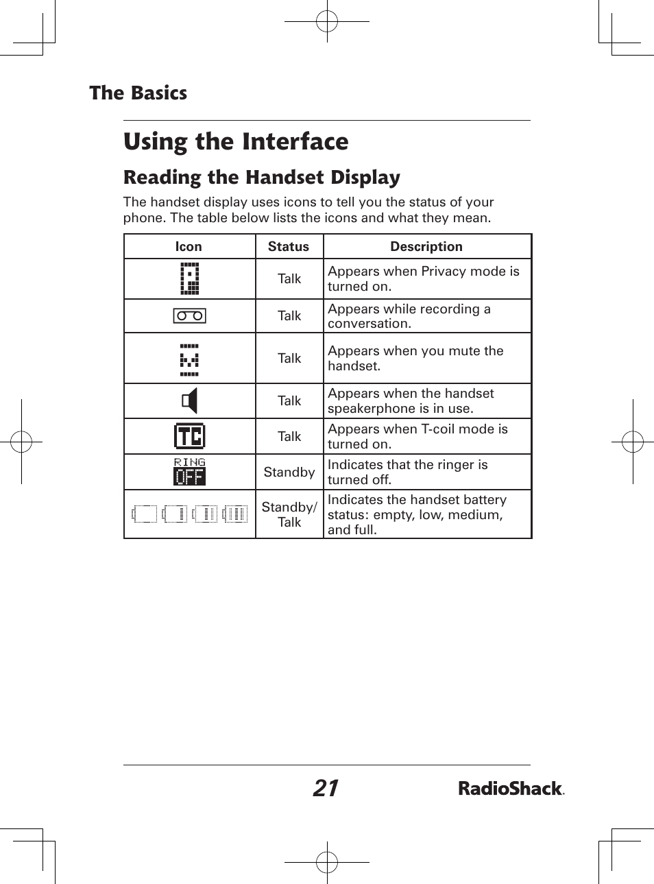 Using the interface, The basics, Reading the handset display | Radio Shack 43-142 User Manual | Page 21 / 88