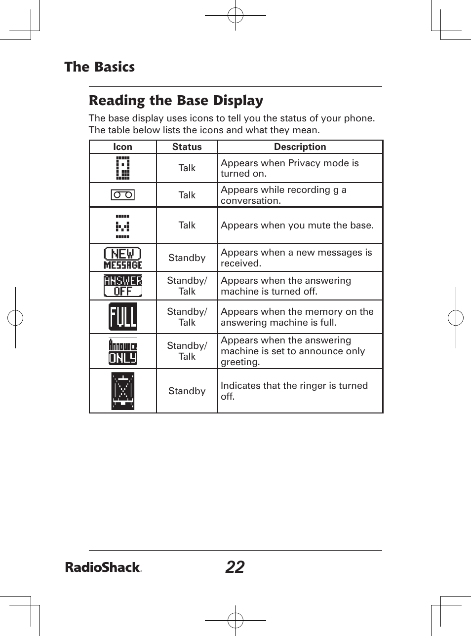 The basics, Reading the base display | Radio Shack 43-142 User Manual | Page 22 / 88