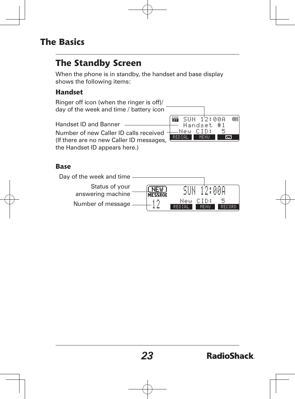 Sun 12:00a, The basics, The standby screen | Radio Shack 43-142 User Manual | Page 23 / 88