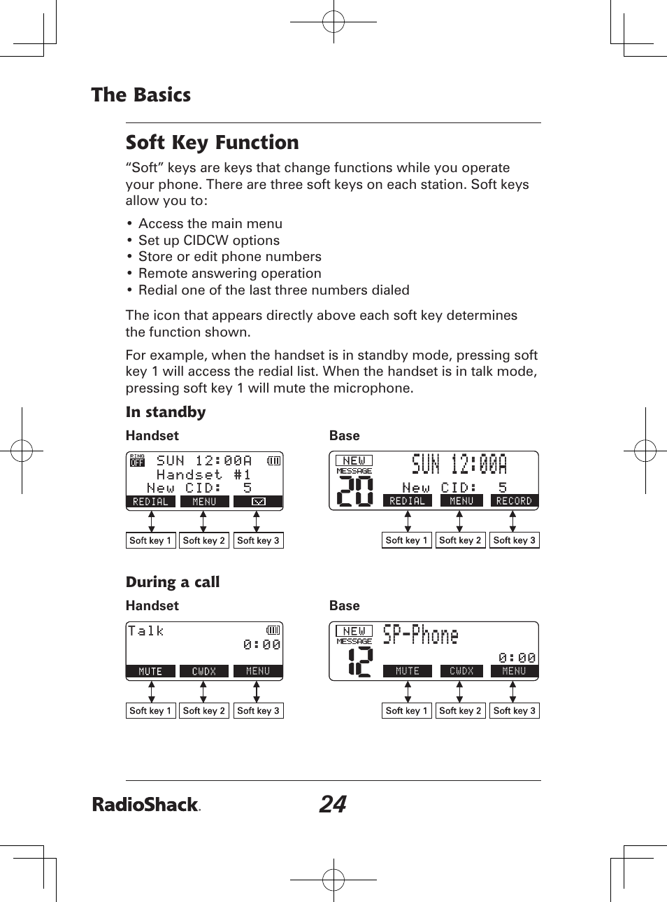 Sp-phone, The basics, Soft key function | Radio Shack 43-142 User Manual | Page 24 / 88