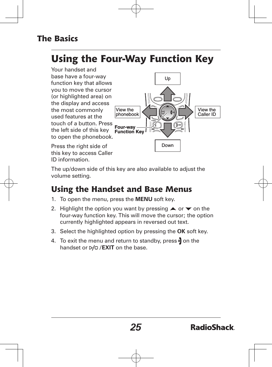 Using the four-way function key, The basics, Using the handset and base menus | Radio Shack 43-142 User Manual | Page 25 / 88