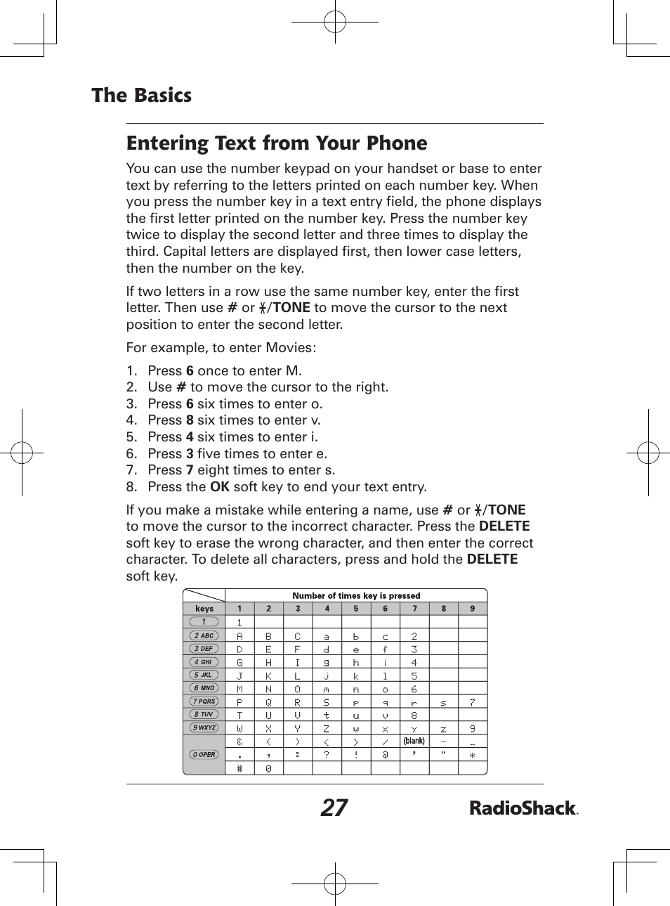 The basics entering text from your phone | Radio Shack 43-142 User Manual | Page 27 / 88