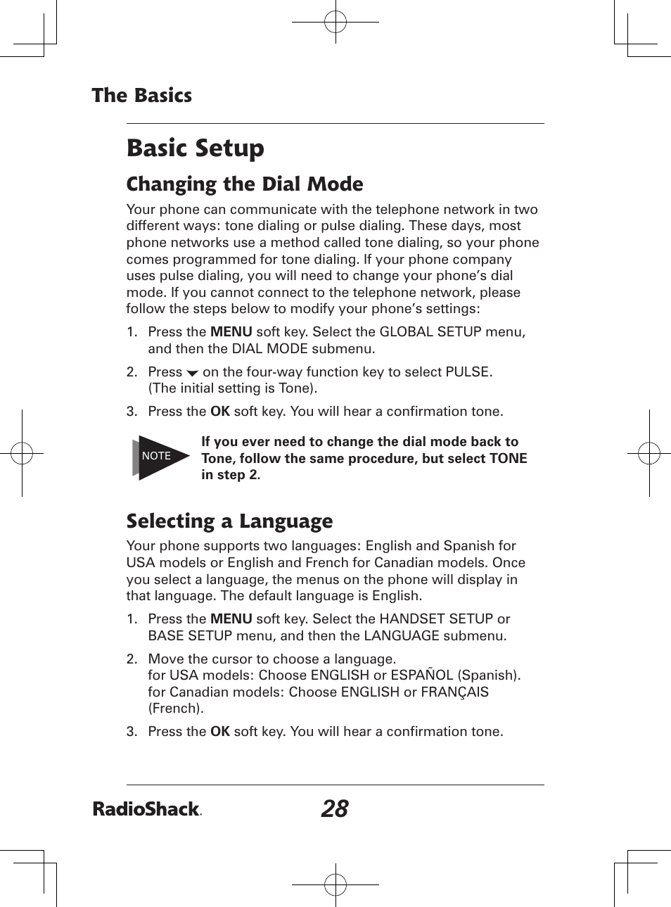 Basic setup, The basics, Changing the dial mode | Selecting a language | Radio Shack 43-142 User Manual | Page 28 / 88