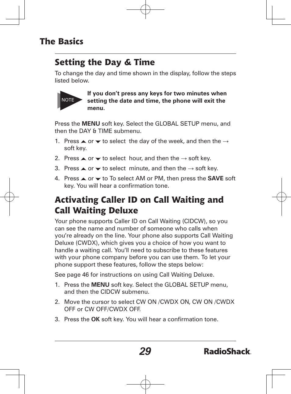 The basics setting the day & time | Radio Shack 43-142 User Manual | Page 29 / 88