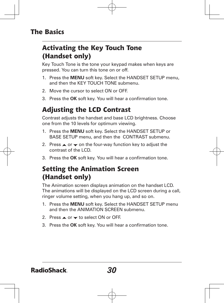 The basics, Activating the key touch tone (handset only), Adjusting the lcd contrast | Setting the animation screen (handset only) | Radio Shack 43-142 User Manual | Page 30 / 88