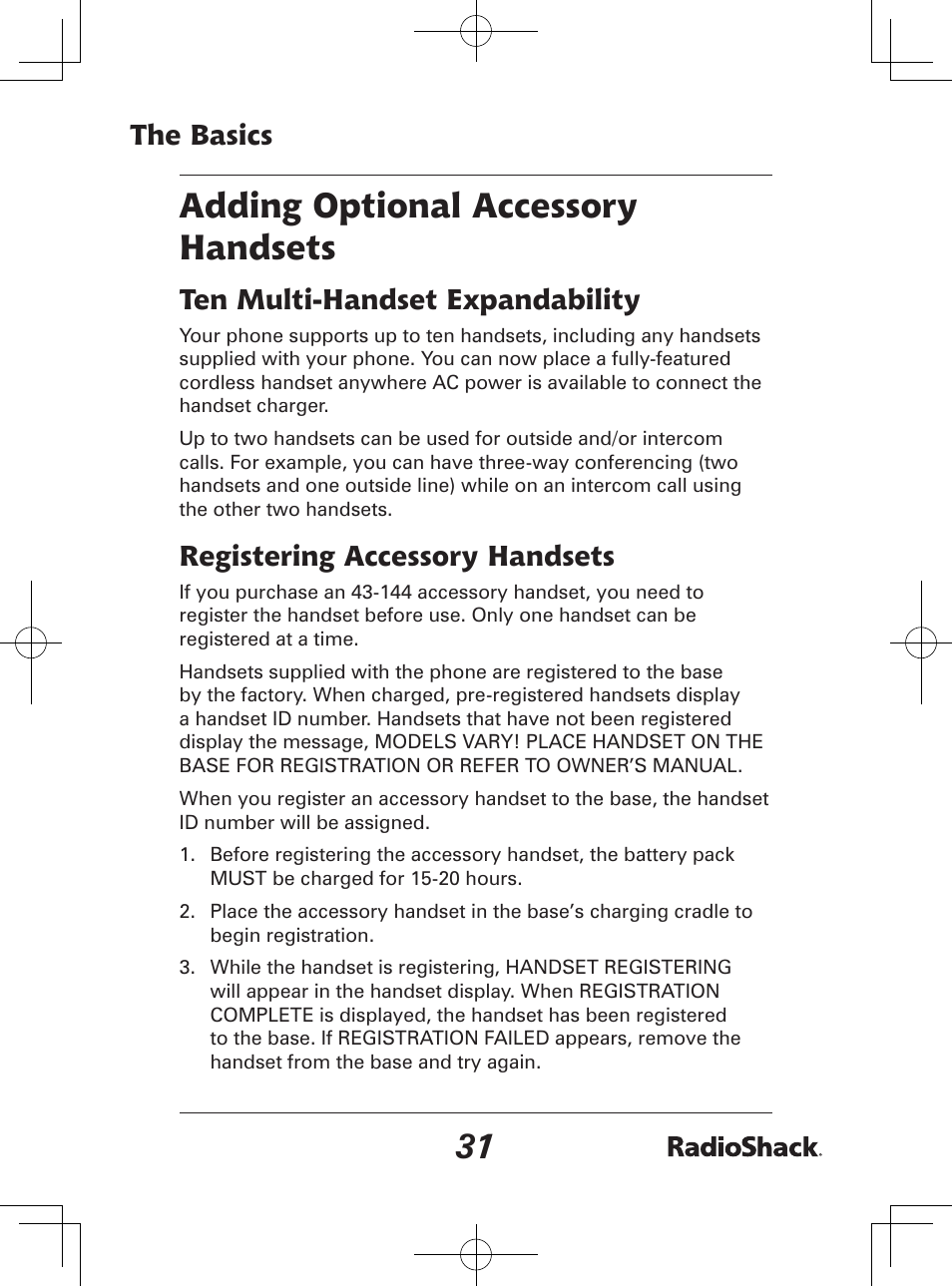 Adding optional accessory handsets, The basics, Ten multi-handset expandability | Registering accessory handsets | Radio Shack 43-142 User Manual | Page 31 / 88