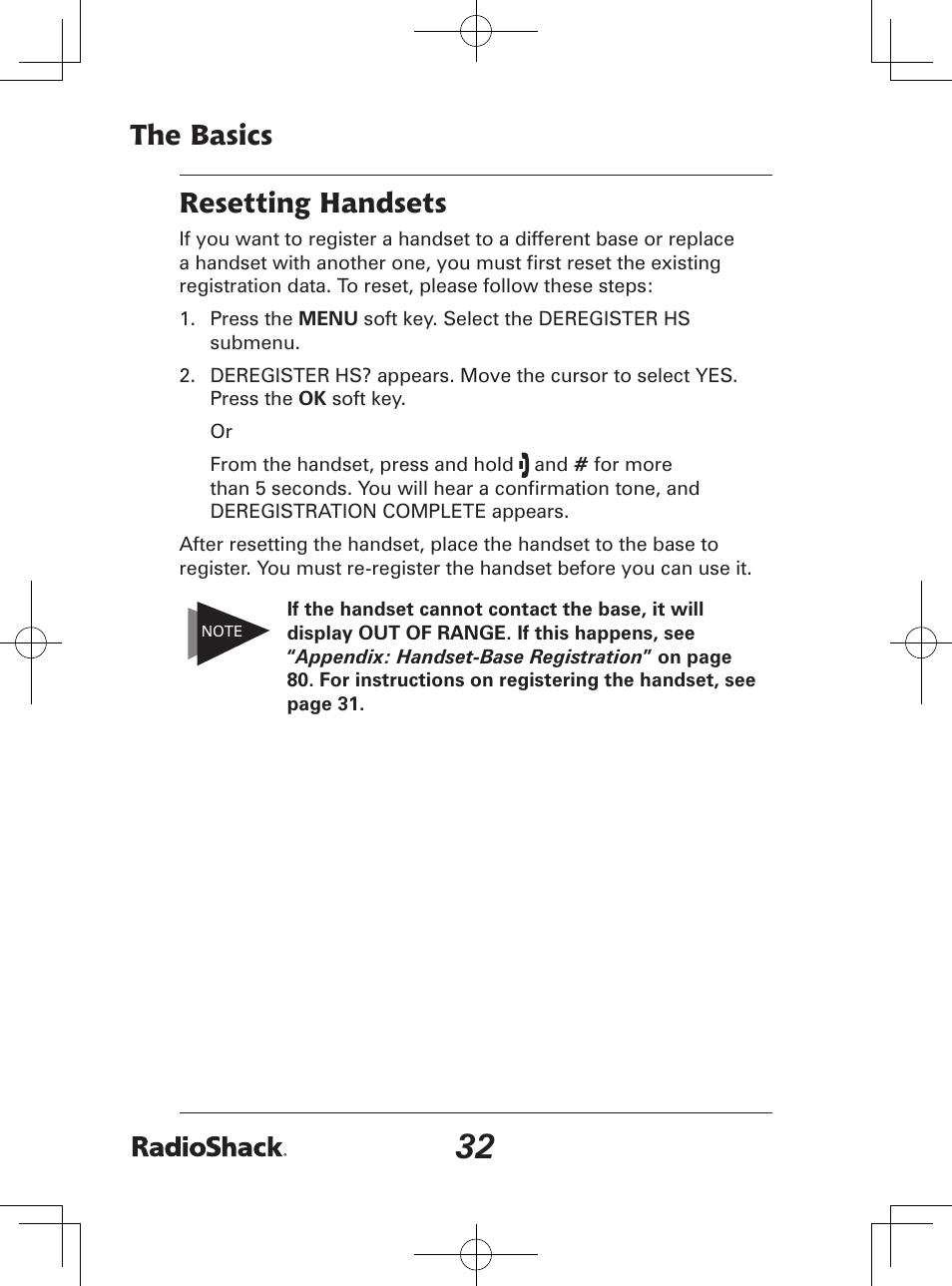 The basics, Resetting handsets | Radio Shack 43-142 User Manual | Page 32 / 88