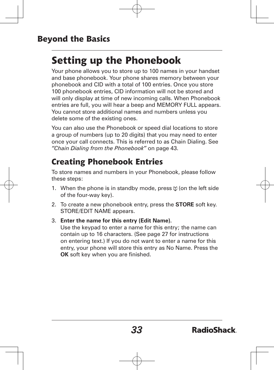 Setting up the phonebook, Beyond the basics, Creating phonebook entries | Radio Shack 43-142 User Manual | Page 33 / 88