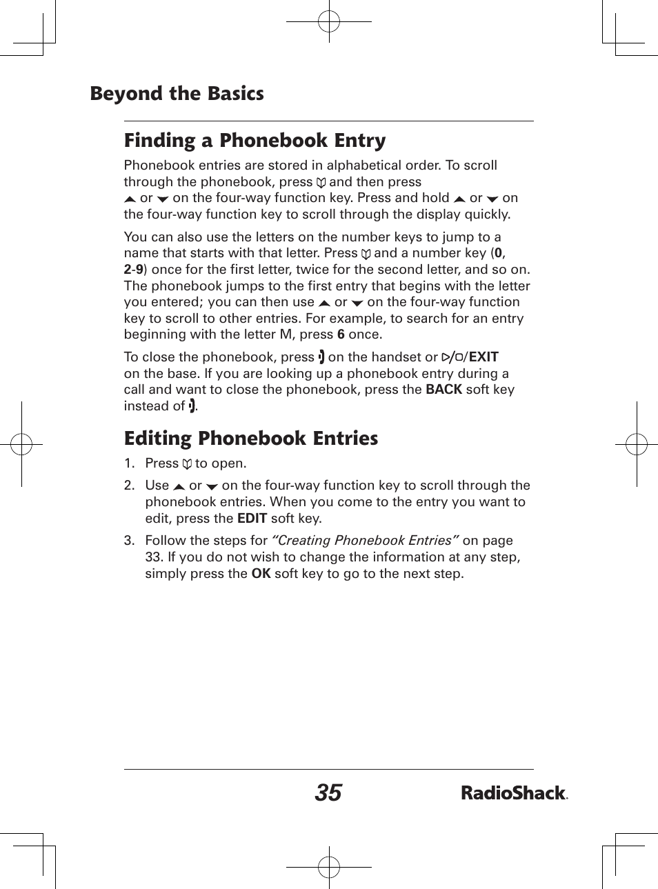 Beyond the basics finding a phonebook entry, Editing phonebook entries | Radio Shack 43-142 User Manual | Page 35 / 88