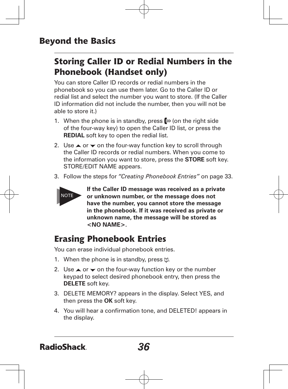 Beyond the basics, Erasing phonebook entries | Radio Shack 43-142 User Manual | Page 36 / 88