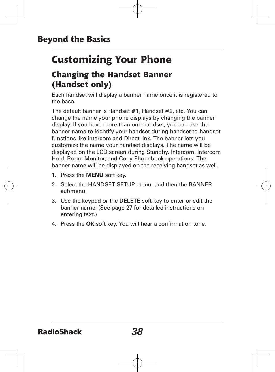 Customizing your phone, Beyond the basics, Changing the handset banner (handset only) | Radio Shack 43-142 User Manual | Page 38 / 88