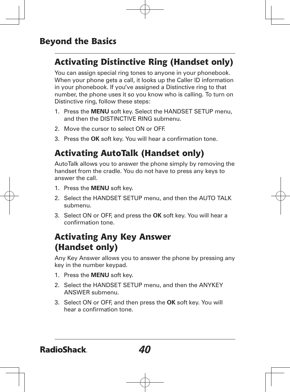 Beyond the basics, Activating distinctive ring (handset only), Activating autotalk (handset only) | Activating any key answer (handset only) | Radio Shack 43-142 User Manual | Page 40 / 88