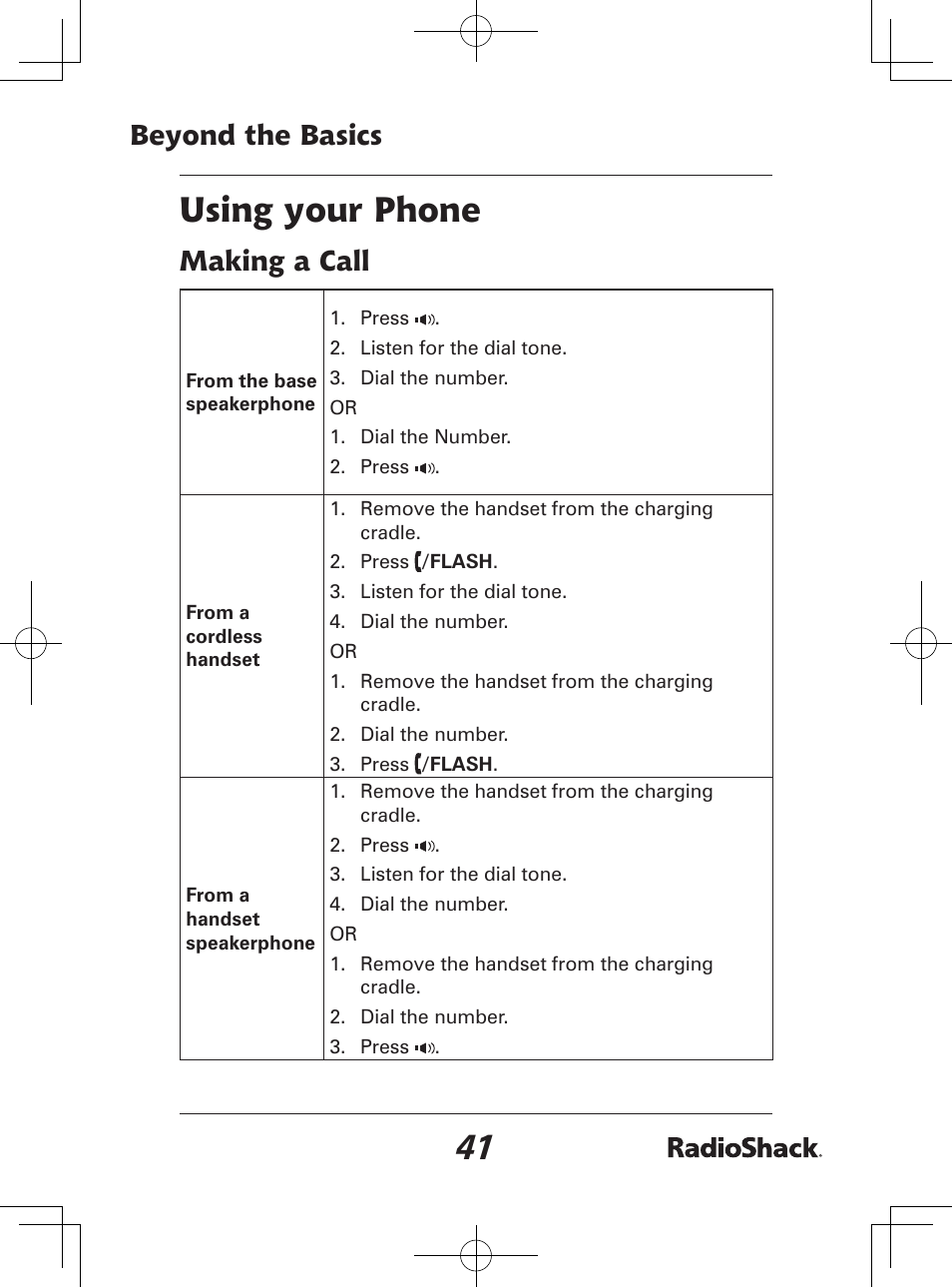 Using your phone, Beyond the basics, Making a call | Radio Shack 43-142 User Manual | Page 41 / 88