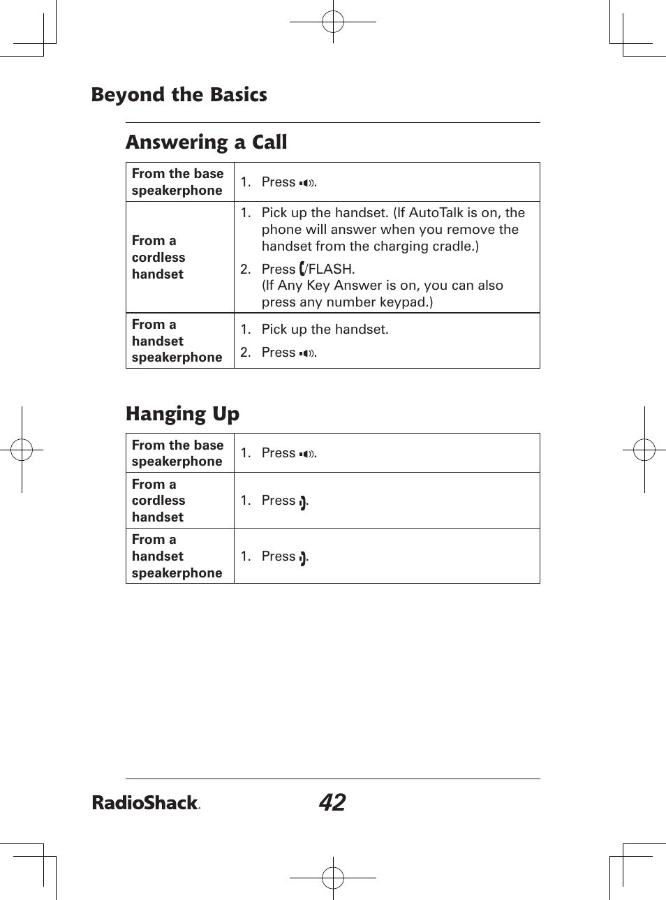 Beyond the basics, Answering a call, Hanging up | Radio Shack 43-142 User Manual | Page 42 / 88