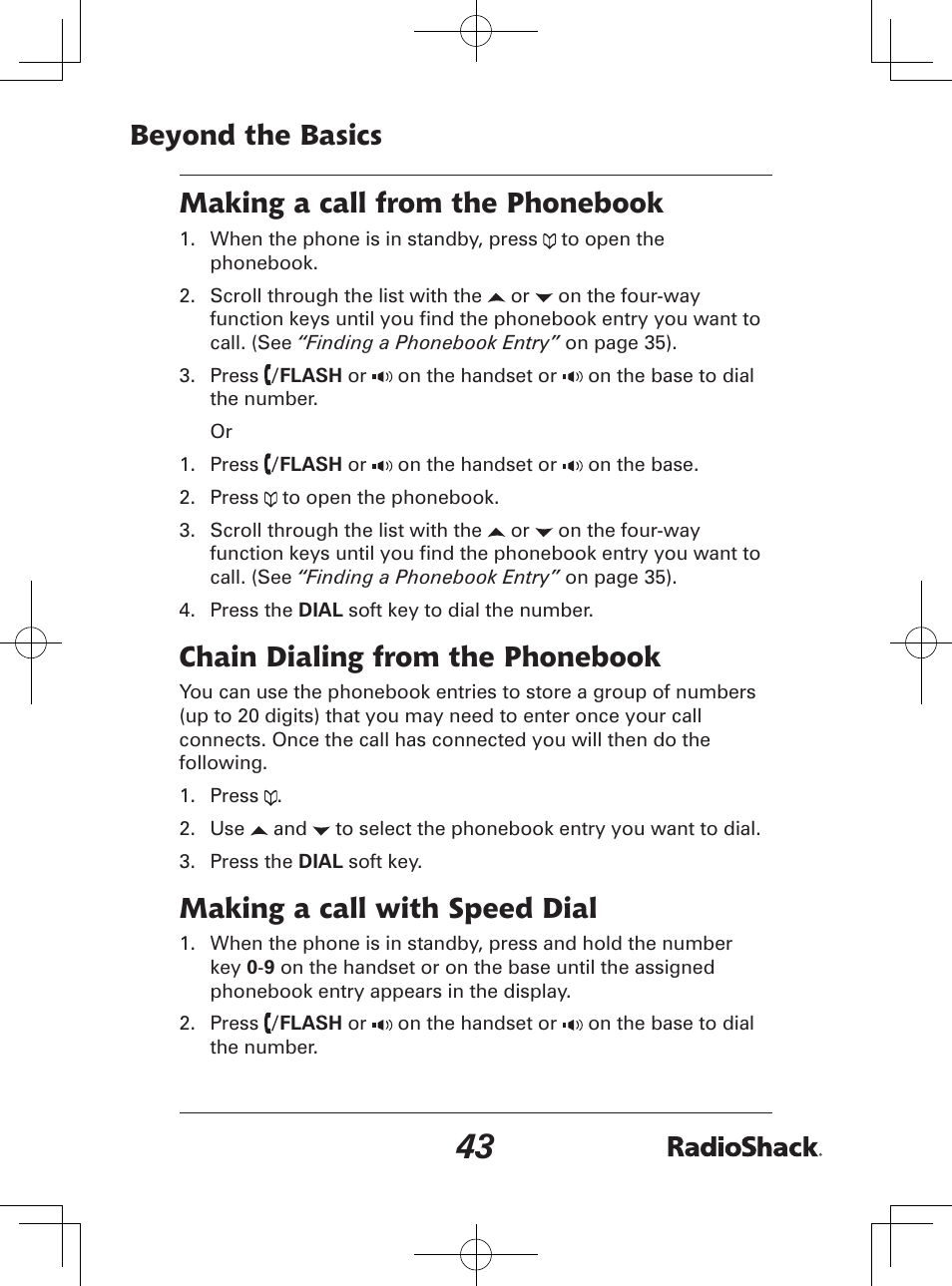 Beyond the basics making a call from the phonebook, Chain dialing from the phonebook, Making a call with speed dial | Radio Shack 43-142 User Manual | Page 43 / 88