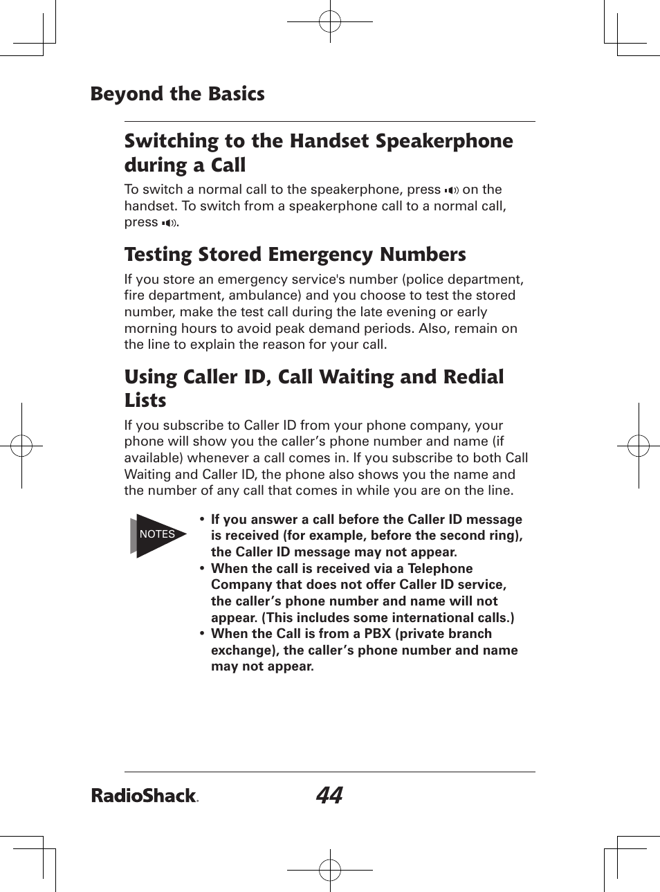 Beyond the basics, Testing stored emergency numbers, Using caller id, call waiting and redial lists | Radio Shack 43-142 User Manual | Page 44 / 88