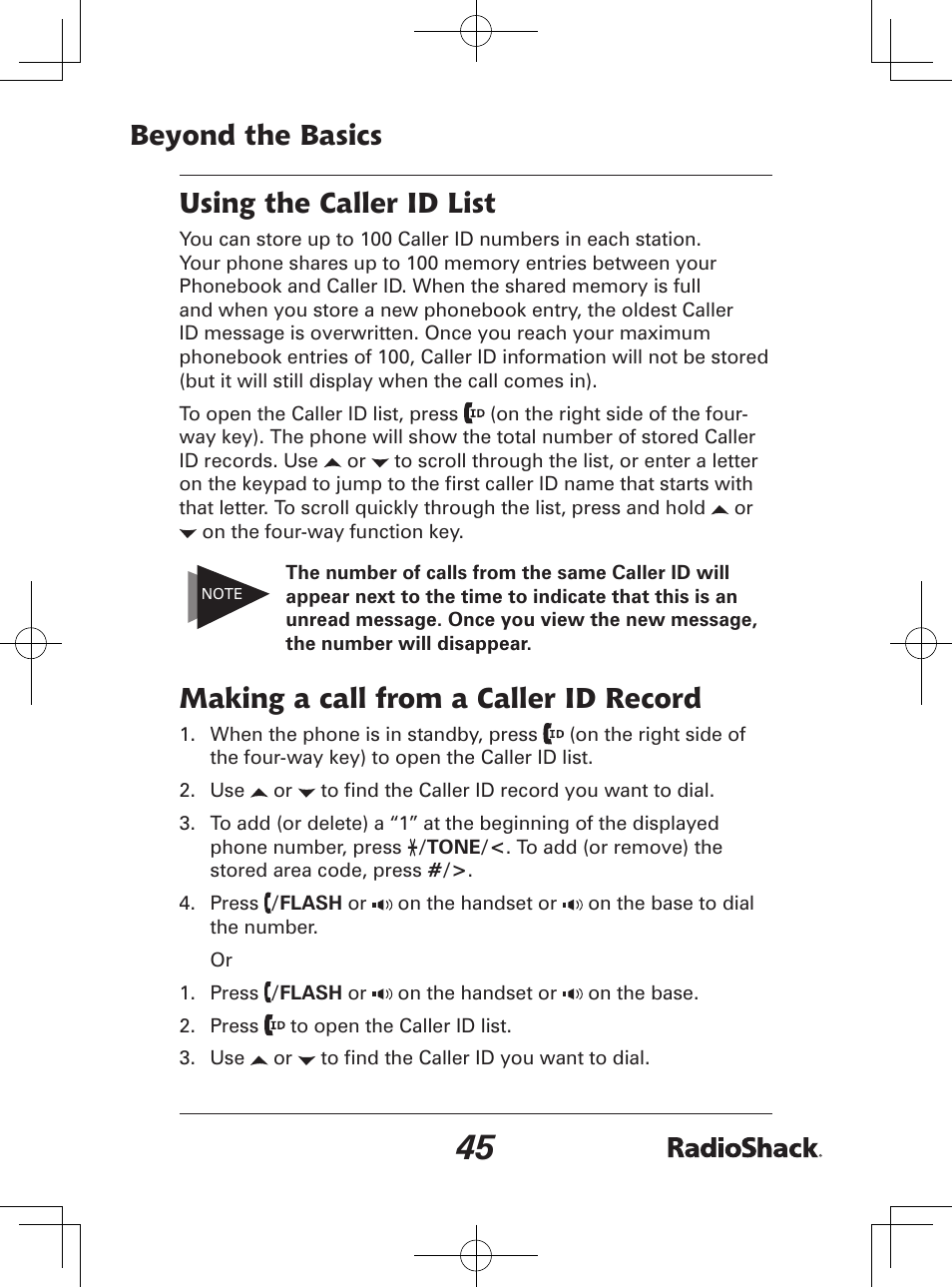 Beyond the basics using the caller id list, Making a call from a caller id record | Radio Shack 43-142 User Manual | Page 45 / 88