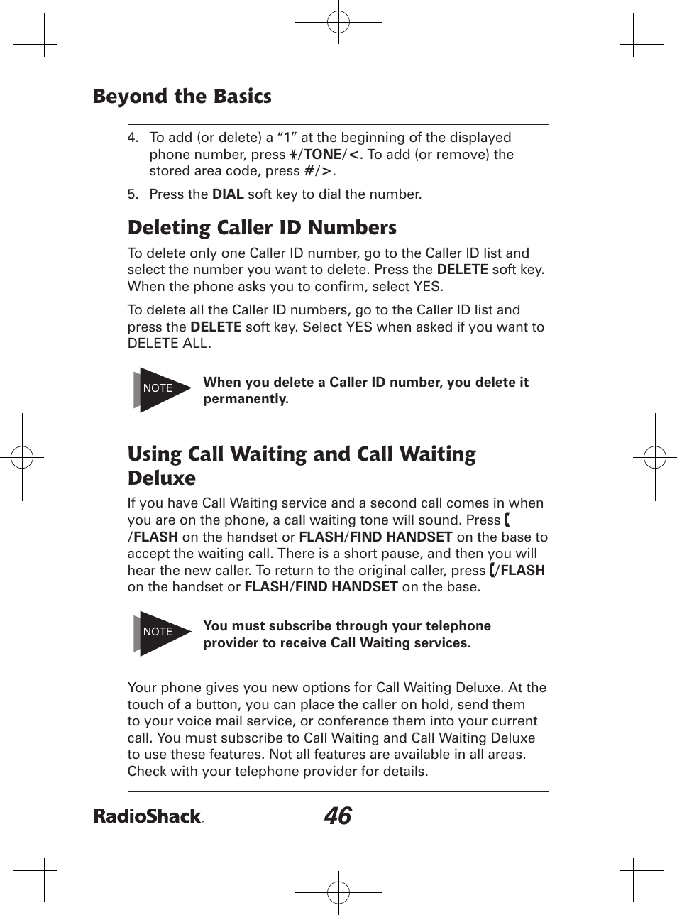 Beyond the basics, Deleting caller id numbers, Using call waiting and call waiting deluxe | Radio Shack 43-142 User Manual | Page 46 / 88