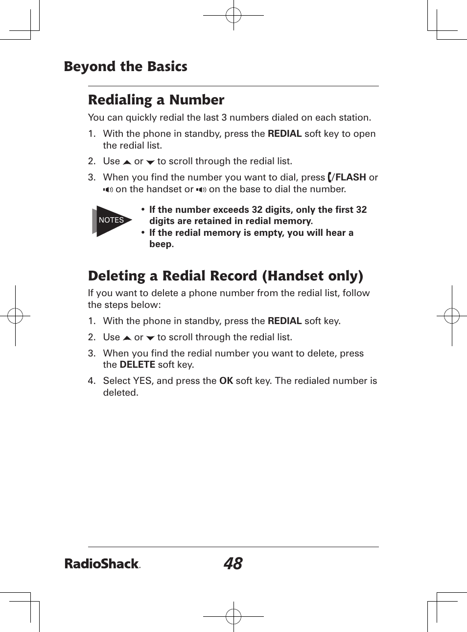 Beyond the basics, Redialing a number, Deleting a redial record (handset only) | Radio Shack 43-142 User Manual | Page 48 / 88