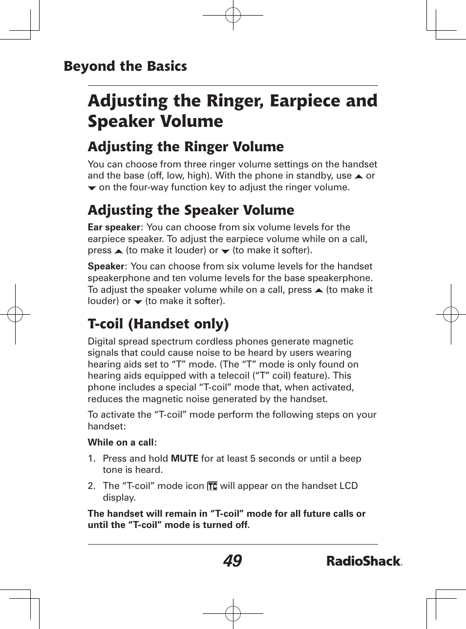 Adjusting the ringer, earpiece and speaker volume, Beyond the basics, Adjusting the ringer volume | Adjusting the speaker volume, T-coil (handset only) | Radio Shack 43-142 User Manual | Page 49 / 88