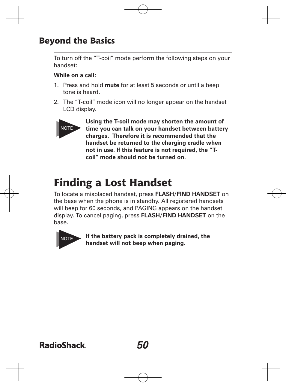 Finding a lost handset, Beyond the basics | Radio Shack 43-142 User Manual | Page 50 / 88