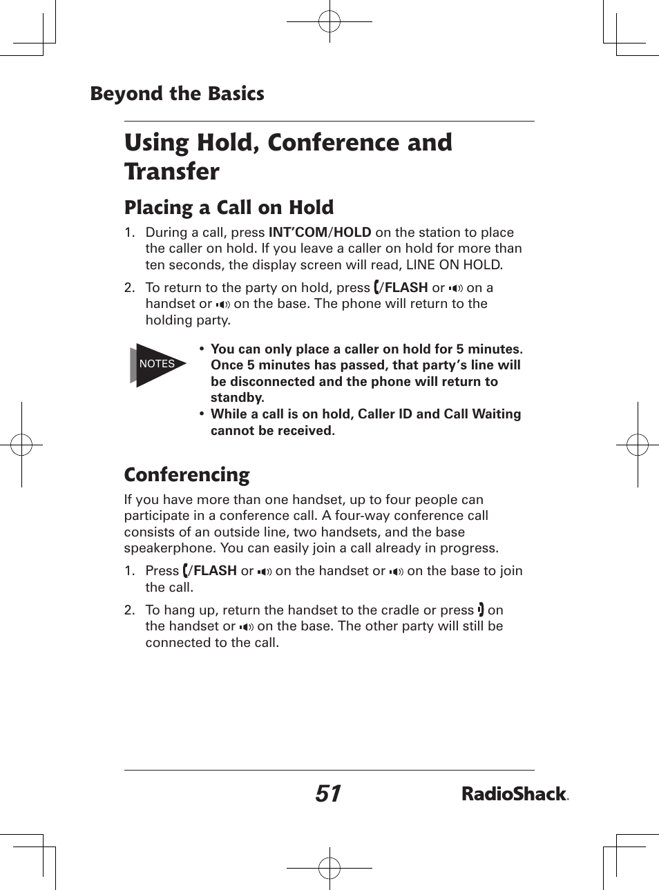 Using hold, conference and transfer, Beyond the basics, Placing a call on hold | Conferencing | Radio Shack 43-142 User Manual | Page 51 / 88