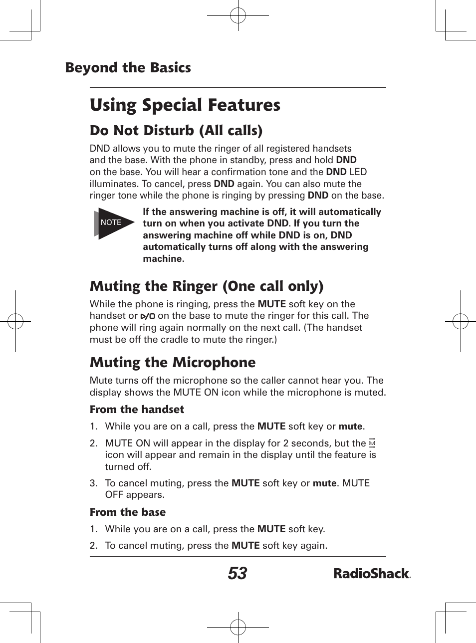 Using special features, Beyond the basics, Do not disturb (all calls) | Muting the ringer (one call only), Muting the microphone | Radio Shack 43-142 User Manual | Page 53 / 88