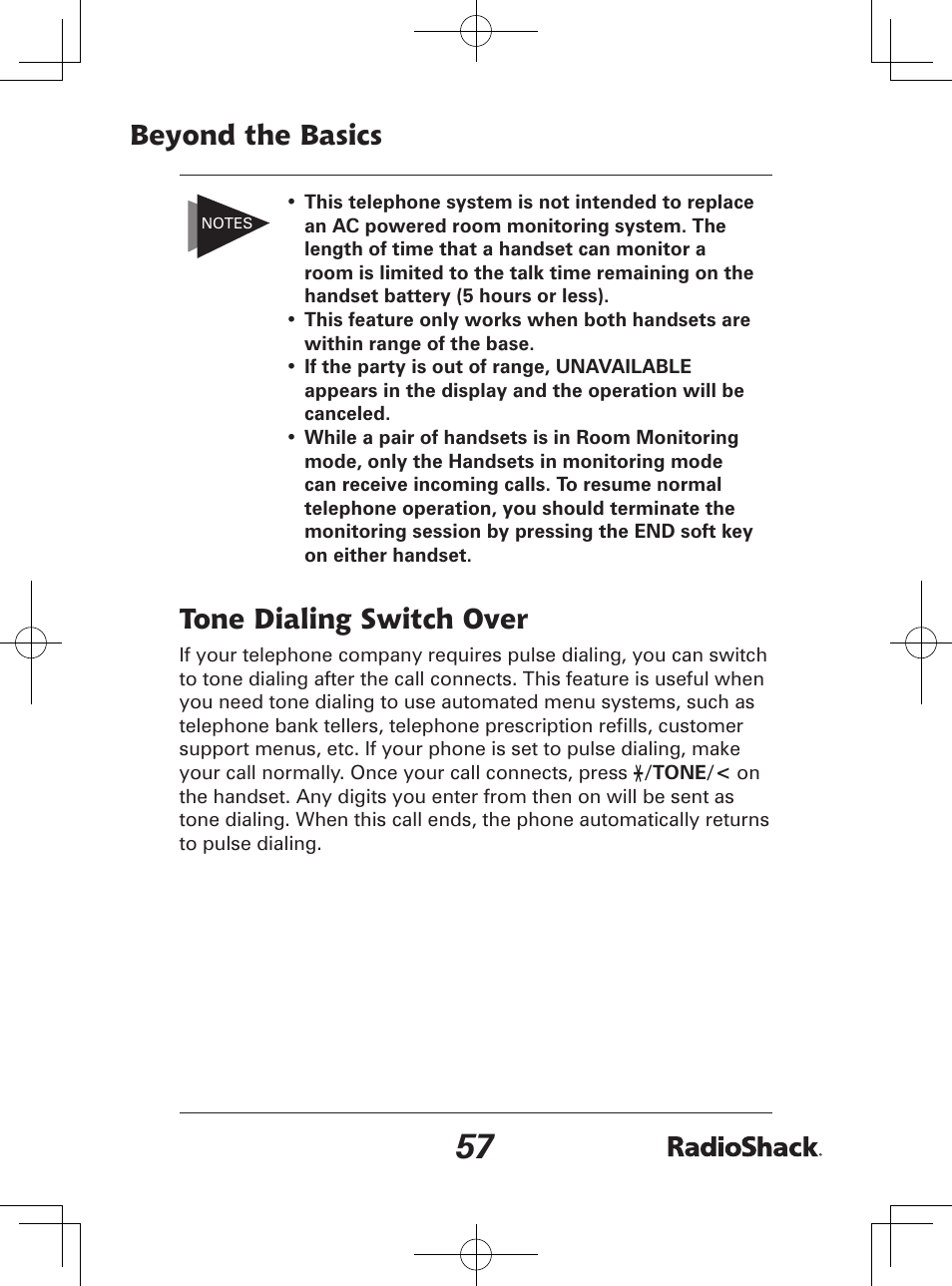 Beyond the basics, Tone dialing switch over | Radio Shack 43-142 User Manual | Page 57 / 88