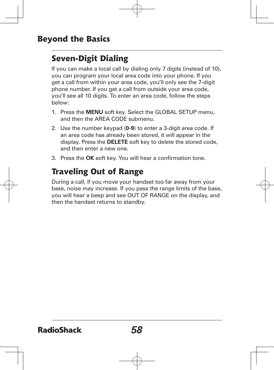 Beyond the basics, Seven-digit dialing, Traveling out of range | Radio Shack 43-142 User Manual | Page 58 / 88