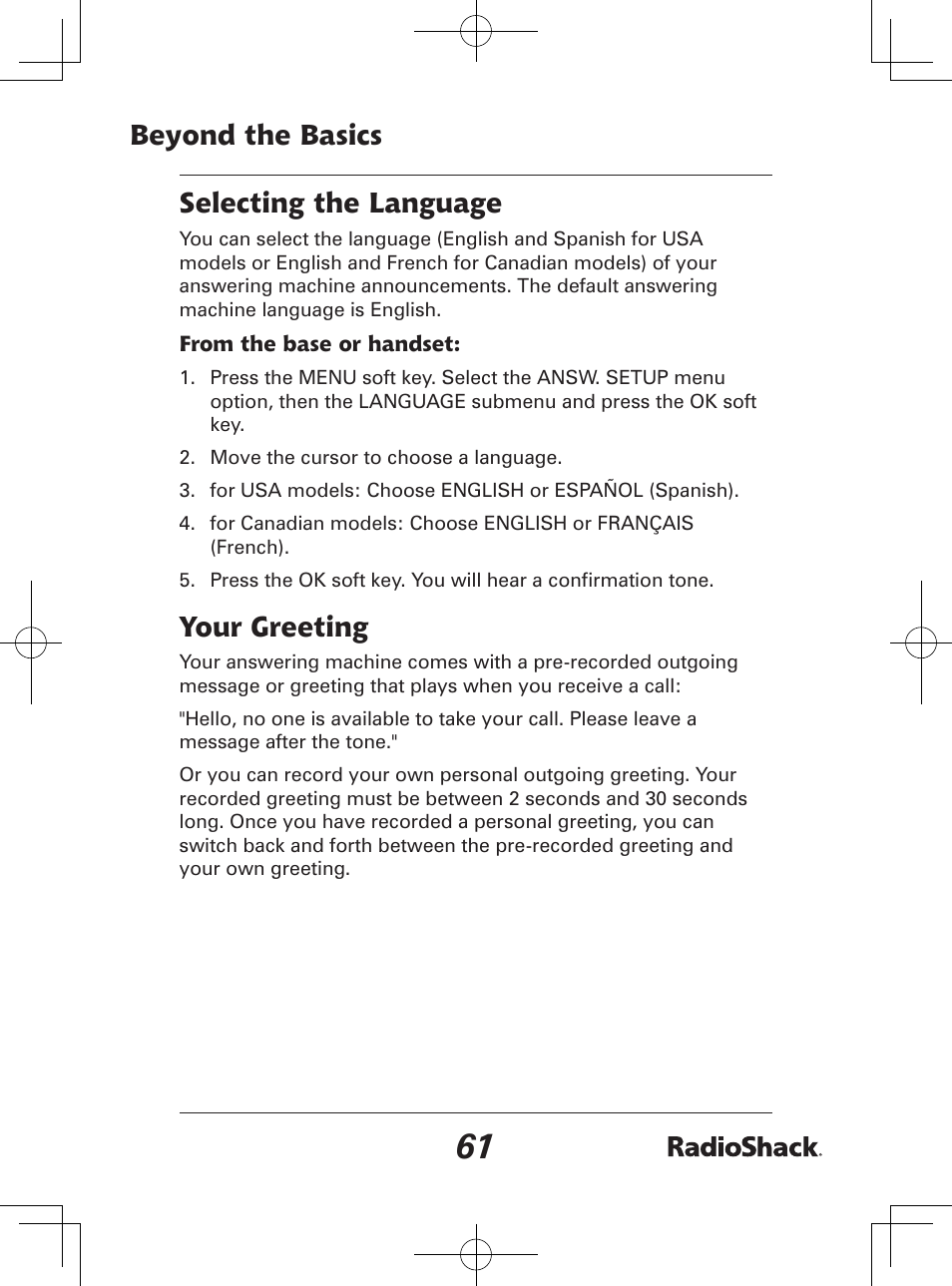 Beyond the basics selecting the language, Your greeting | Radio Shack 43-142 User Manual | Page 61 / 88