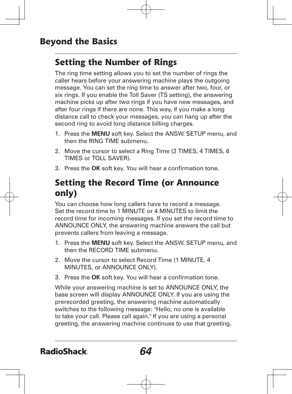 Beyond the basics, Setting the number of rings, Setting the record time (or announce only) | Radio Shack 43-142 User Manual | Page 64 / 88