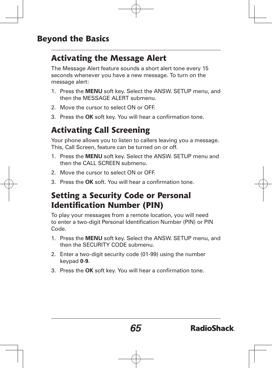 Beyond the basics activating the message alert, Activating call screening | Radio Shack 43-142 User Manual | Page 65 / 88