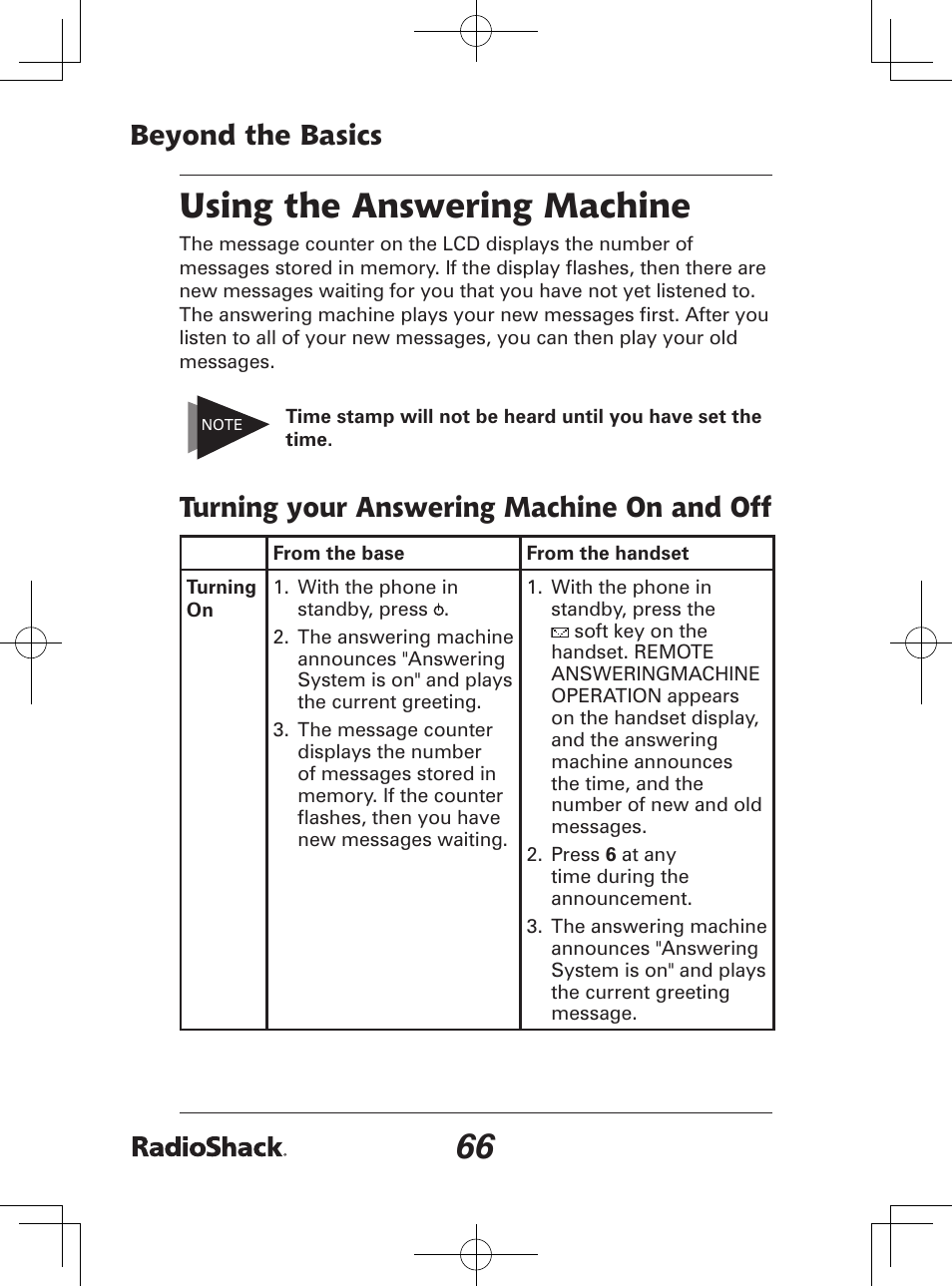 Using the answering machine, Beyond the basics, Turning your answering machine on and off | Radio Shack 43-142 User Manual | Page 66 / 88