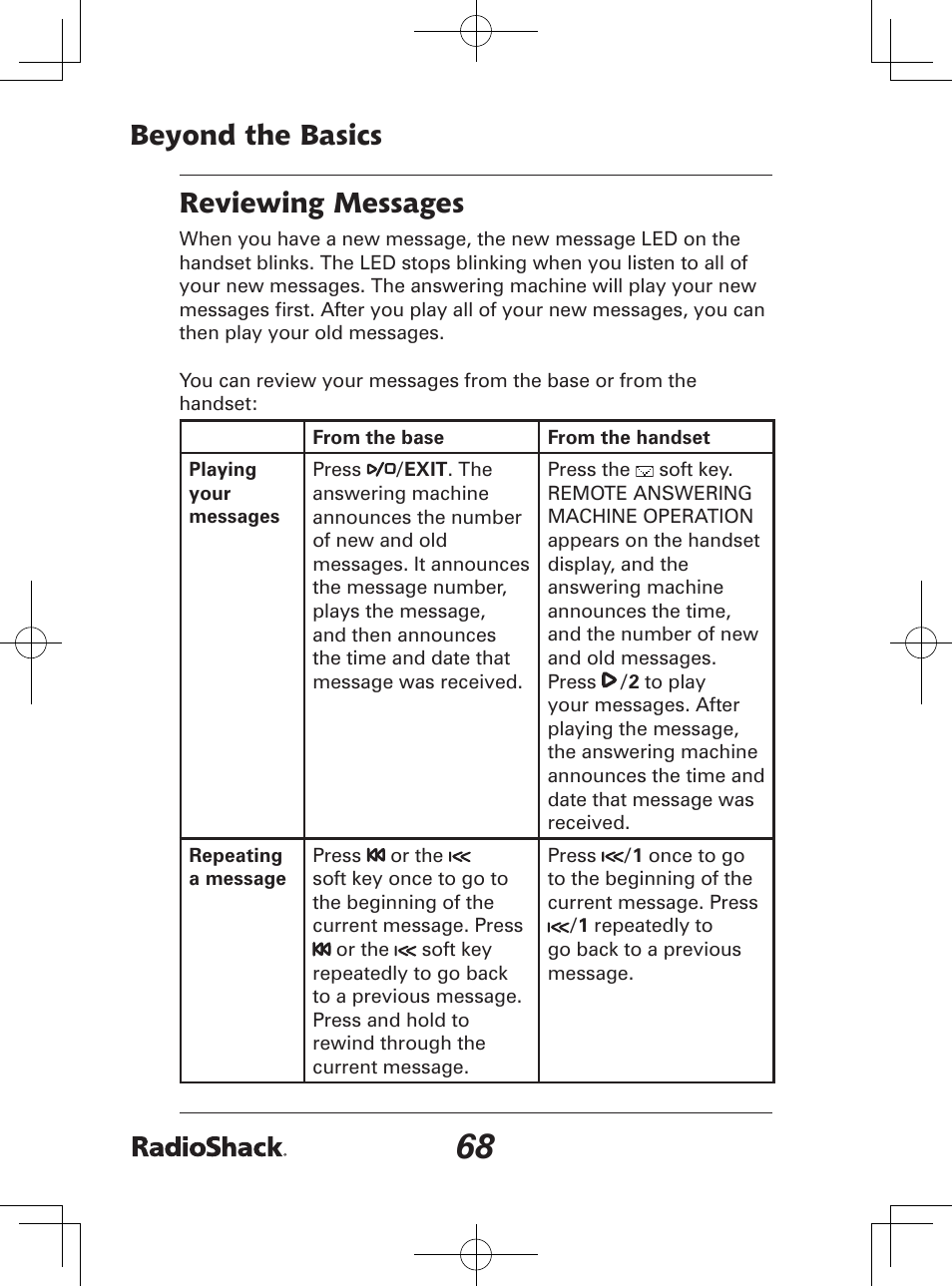 Beyond the basics, Reviewing messages | Radio Shack 43-142 User Manual | Page 68 / 88