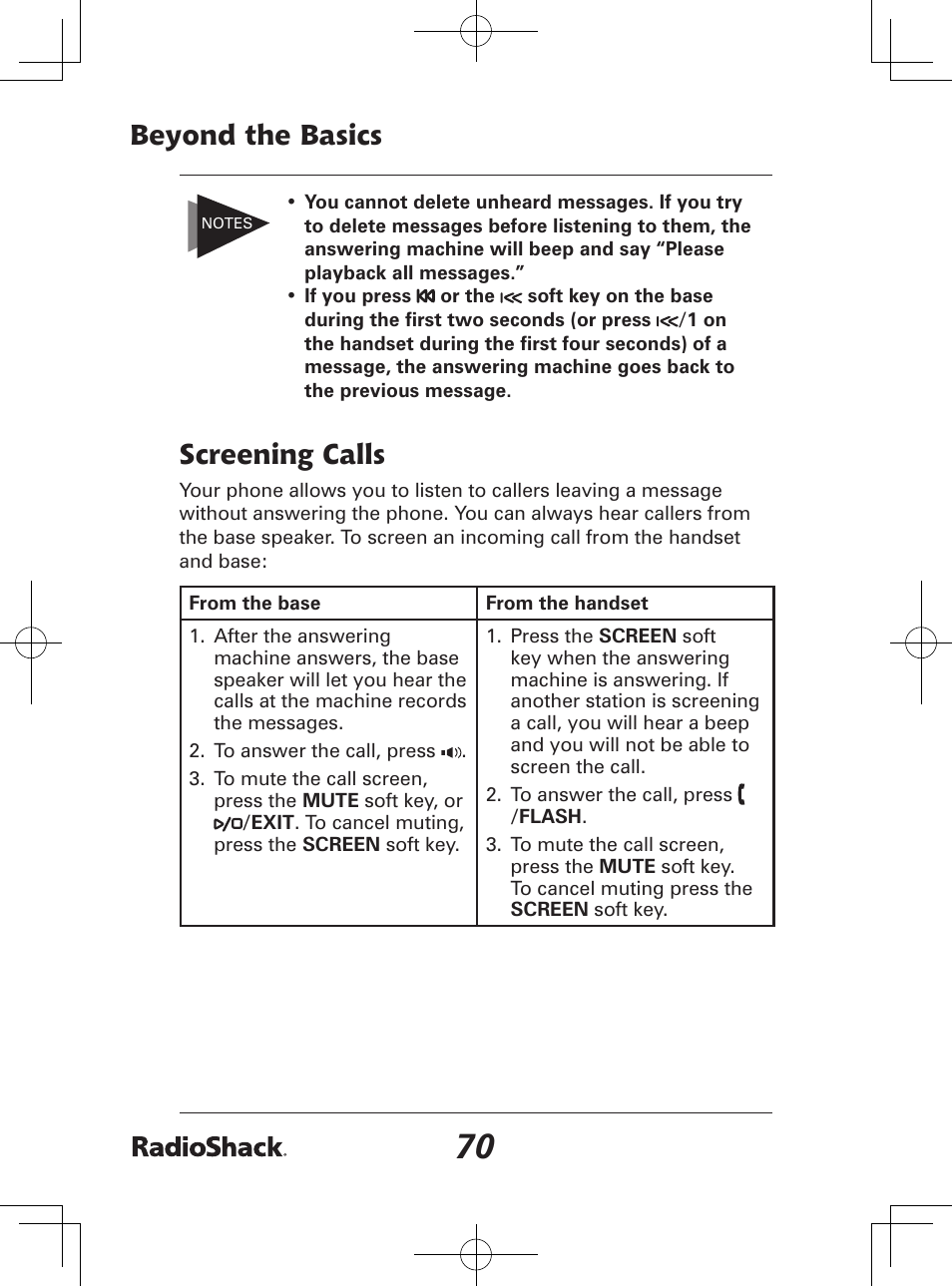 Beyond the basics, Screening calls | Radio Shack 43-142 User Manual | Page 70 / 88