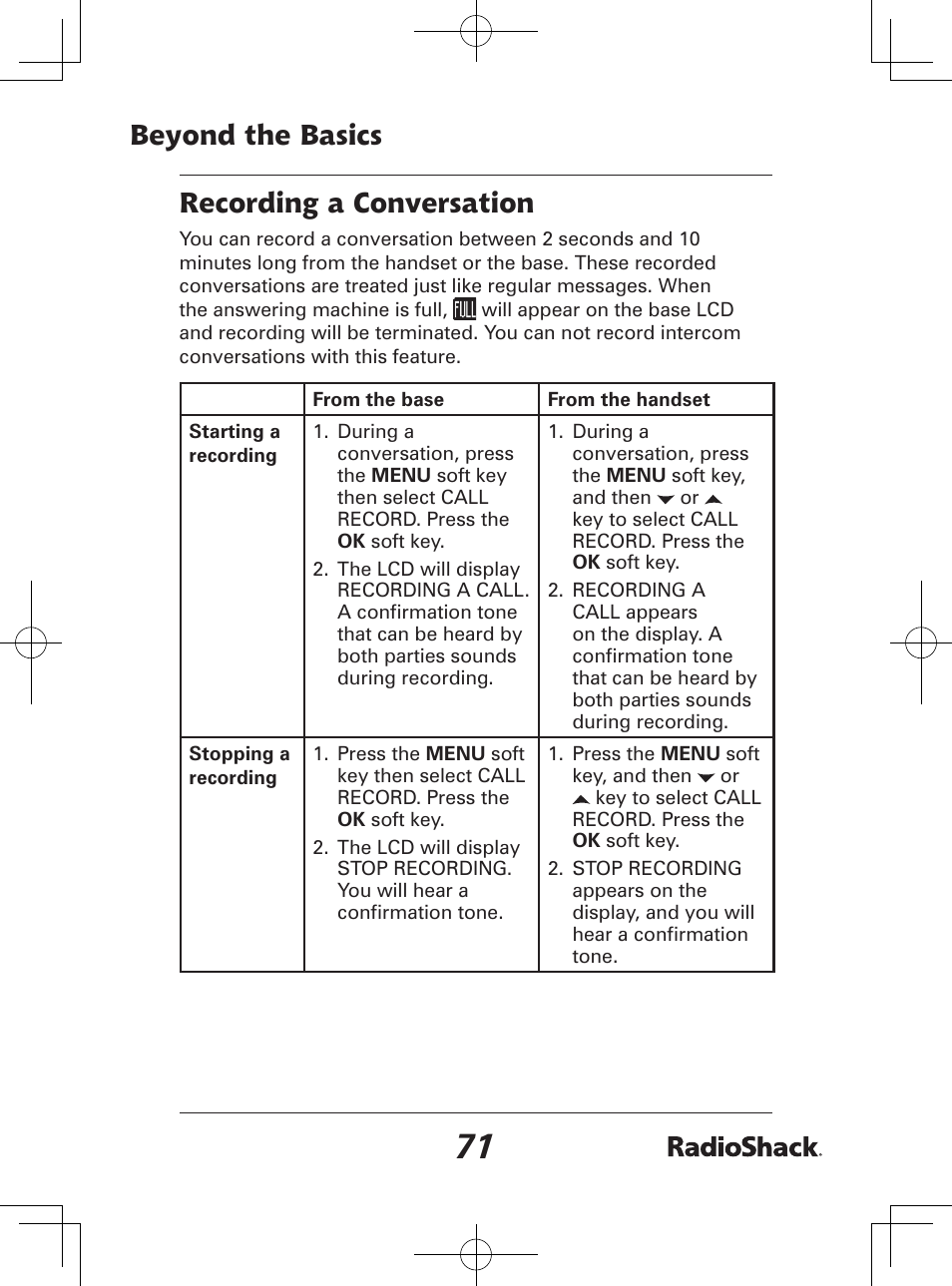 Beyond the basics recording a conversation | Radio Shack 43-142 User Manual | Page 71 / 88