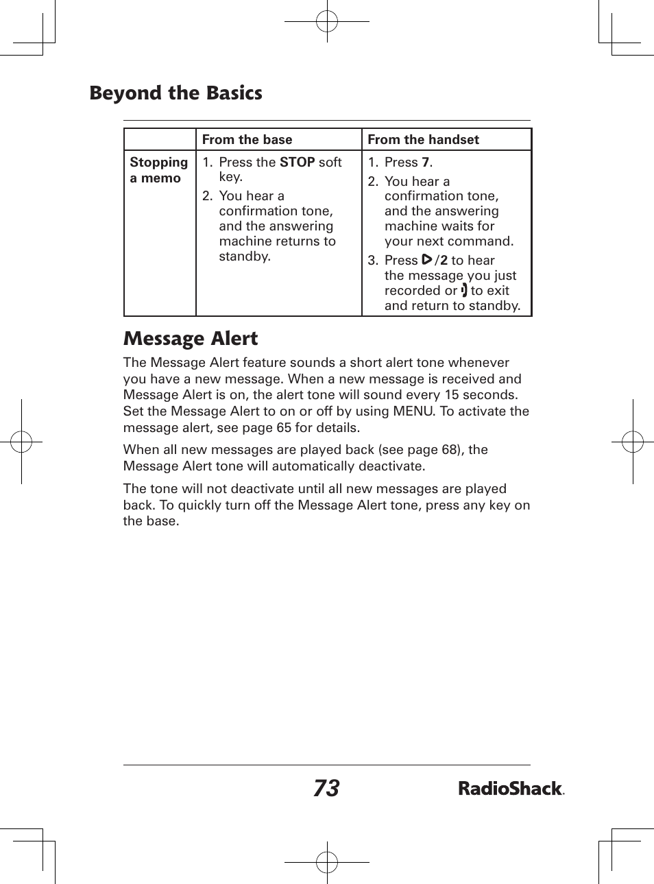 Beyond the basics, Message alert | Radio Shack 43-142 User Manual | Page 73 / 88