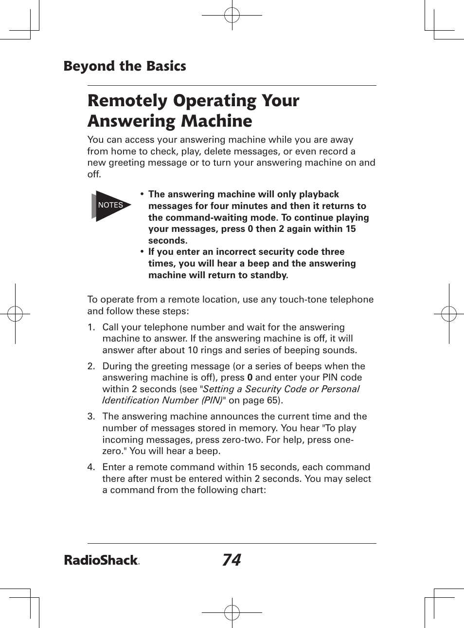 Remotely operating your answering machine, Beyond the basics | Radio Shack 43-142 User Manual | Page 74 / 88