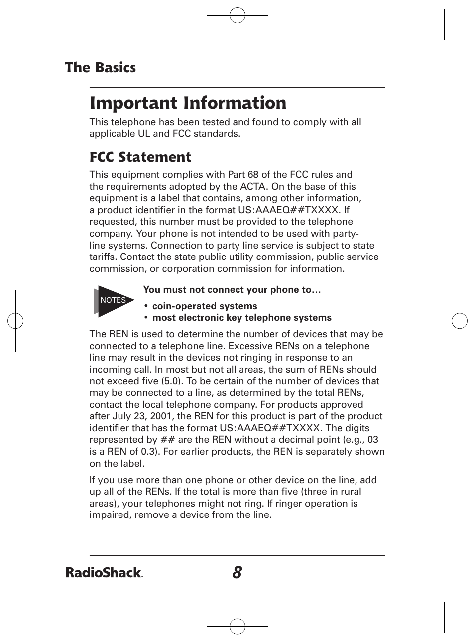 Important information, The basics, Fcc statement | Radio Shack 43-142 User Manual | Page 8 / 88