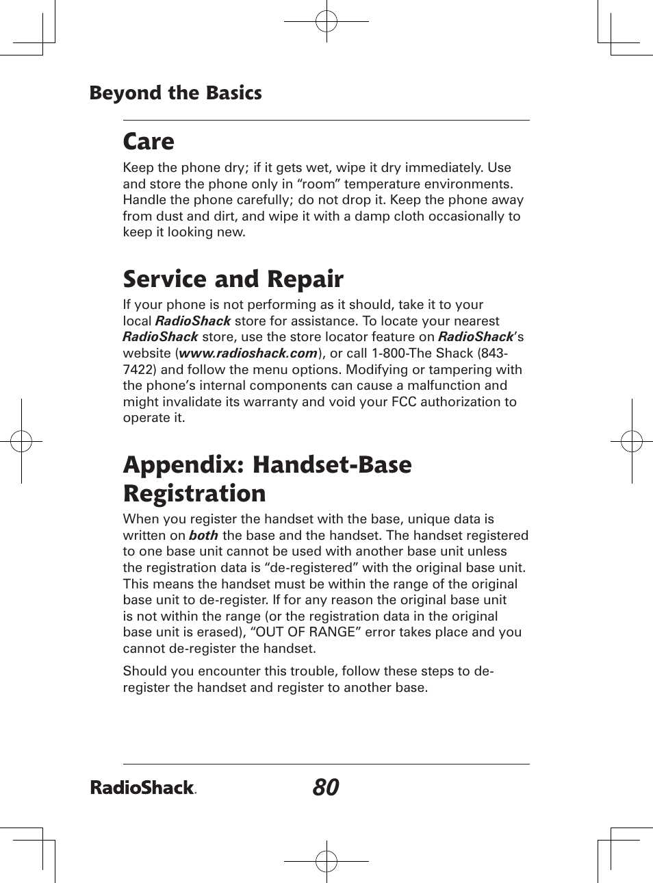 0 care, Service and repair, Appendix: handset-base registration | Beyond the basics | Radio Shack 43-142 User Manual | Page 80 / 88