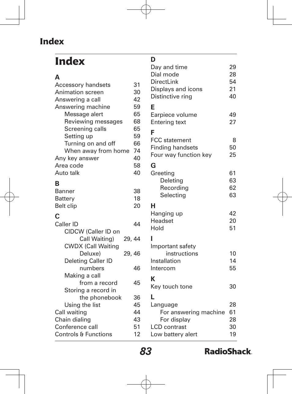 Index | Radio Shack 43-142 User Manual | Page 83 / 88