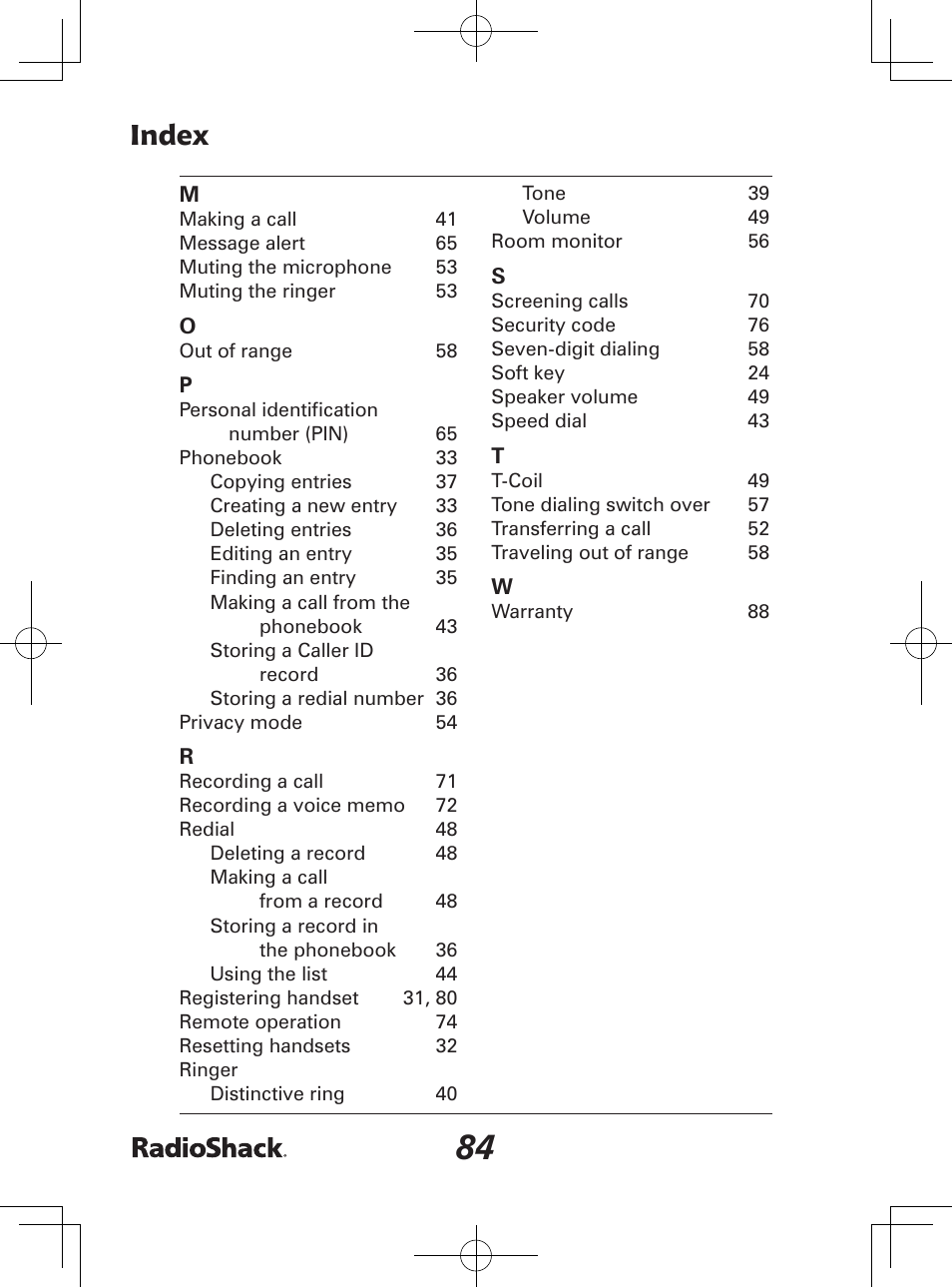 Index | Radio Shack 43-142 User Manual | Page 84 / 88